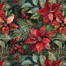 A festive seamless pattern featuring red poinsettias, green pine needles, red berries, and a small pinecone on a dark green background.