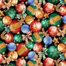 A festive Christmas ornament pattern featuring red, green, blue, and gold baubles, bows, candy canes, and gingerbread men on a black background.