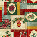 A square patchwork-style Christmas print with multiple vintage panels featuring poinsettias, pine branches, ornaments, holly, and decorative text in red, green, cream, and gold tones.