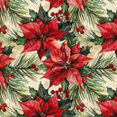 A repeating holiday pattern featuring bright red poinsettias, green holly leaves, pine branches, and small red berries on a warm cream background.