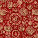 Red and gold patterned fabric featuring a repeating ornate medallion and floral motif.