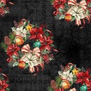 A festive holiday pattern featuring red poinsettias, white lilies, pinecones, ornaments, and ribbons arranged in wreath-like clusters over a dark black background with faint musical notes and damask motifs.