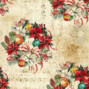 Vintage Christmas-themed pattern featuring red poinsettias, white lilies, green holly, pinecones, ornaments, musical notes, and a distressed beige background.