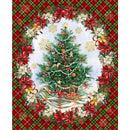 A festive Christmas-themed decorative print featuring a decorated evergreen tree in the center, surrounded by a wreath of red poinsettias, white flowers, gold snowflakes, and ornaments, with a red plaid border.