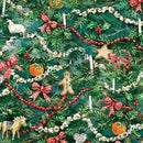 A close-up of a Christmas tree decorated with red bows, red beaded garlands, white bead garlands, small white candles, gingerbread men, a horse, a sheep, and orange ornaments.