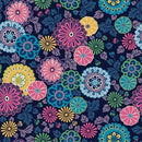 Michael Miller Fabrics Kamakura Sisters Blossom Bond Navy DCX12663-NAVY-D 100% Cotton Fabric 44/45" wide - sewjersey.com - Colorful floral pattern on a dark blue background