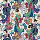 Michael Miller Fabrics Kamakura Sisters Floating Worlds Cream DCX12668-CREM-D 100% Cotton Fabric 44/45" wide - sewjersey.com - Colorful pattern with geisha figures and floral designs on an off white background