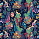 Michael Miller Fabrics Kamakura Sisters Floating Worlds Navy DCX12668-NAVY-D 100% Cotton Fabric 44/45" wide - sewjersey.com - Colorful pattern with geisha figures and floral designs on a dark blue background
