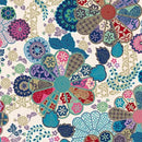 Colorful floral and geometric pattern on a beige background