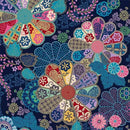 Colorful floral and paisley pattern on a dark blue background