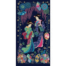 Michael Miller Fabrics Kamakura Sisters Moonlit Kimono Panel Navy CM12667-NAVY-D 100% Cotton Fabric Panel 24" x 44/45" - sewjersey.com - Decorative panel with two geisha figures and floral elements on a dark blue background