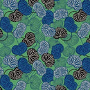 Michael Miller Fabrics Kamakura Sisters Sacred Leaf Turf DCX12665-TURF-D 100% Cotton Fabric 44/45" wide - sewjersey.com - Pattern of blue, green, and black leaves on a green background