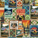 Collage of various camping-themed posters with text and graphics.