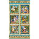 Decorative panel with vintage-style illustrations of women at a picnic and camping scene.