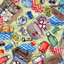 Illustration of picnic items including baskets, cups, and a basket on a checkered blanket.