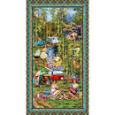 Fabric panel of a Vintage-style illustration of people camping in a forest with trailers and vehicles.