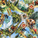Camping-themed fabric with tents, trees, and scenic landscapes.