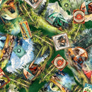 Camping-themed fabric with nature and outdoor elements