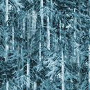 Frozen forest with snow-covered trees in a monochromatic blue tone.