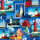 Collage of lighthouses, red buildings, and seagulls on a blue background