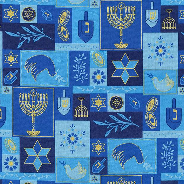 Michael Miller Hannukah, Oh Hannukah Hannukah Patchwork with Metallic Blue DM12352