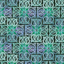 Decorative pattern with green and purple geometric designs on a dark background