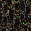 Pattern of black cats with green eyes on a black background
