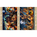 Halloween Themed Fabric stripe featuring spooky pumpkins, haunted houses, and the full moon