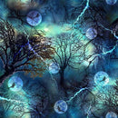 Framed artwork of a mystical forest with trees, lightning, and moonlit sky.