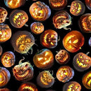 Pattern of carved Halloween pumpkins with glowing faces on a black background