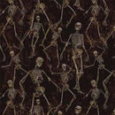 A repeating pattern of dancing skeletons in pale beige tones on a dark brown background.