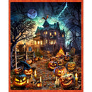 Halloween themed panel featuring a spooky walk up to a haunted house surrounded by jack-o-lanterns