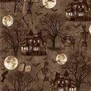Halloween-themed pattern featuring haunted houses, bare trees, flying bats, skeletons, tombstones, and full moons in sepia tones.