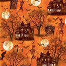 Halloween-themed fabric with skeletons, haunted houses, and bats on an orange background.