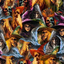 A dense, colorful collage of Halloween-themed illustrated faces and figures, including skulls, hooded ghosts, flames, and witch hats in a highly saturated graphic style.