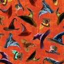 A repeating pattern of whimsical, floating witch hats in various colors including purple, blue, green, brown, and gold, set against a textured orange background.