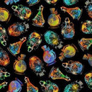 A repeating pattern of colorful potion bottles and flasks on a black background, featuring glowing neon hues of blue, green, yellow, and orange.