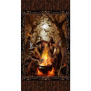 Decorative panel with fantasy-themed Halloween design featuring a witch, bat, and fire.