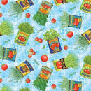 Pattern of herbs in tomato cans and tossed tomatoes on a light blue tile background. 