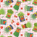 Fabric swatch featuring tossed herbs growing in tomato cans and tomatoes on a pink and white check background.