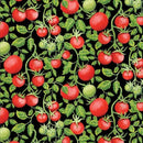 Pattern of red tomatoes and green leaves on a black background