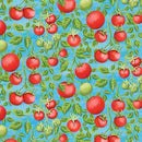 Pattern of red tomatoes and green leaves on a blue background
