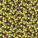 Fabric patterned with densely packed green, black, and Kalamata olives. 