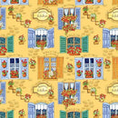 Pattern of windows with flowers and 'Nonna's Kitchen' text on a yellow background
