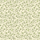 A fabric swatch patterned with green bunnies and flowers on a cream background. 