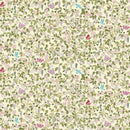 A fabric swatch with densely packed green vines with pink flowers and butterflies and small blue birds on a cream background. 