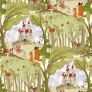 A fabric swatch featuring forest creatures looking at a fairy tale scene. The illustration is done in a nostalgic story book style. 