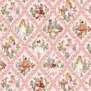 A fabric swatch patterned with assorted fairytale scenes seperated from one another by pink vines. 