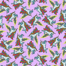 A repeating seamless pattern of whimsical winged unicorns in light blue and white, decorated with colorful rainbow stripes and yellow lightning bolts, set against a solid lavender-purple background.