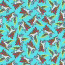 Pattern of colorful unicorns with rainbow tails on a blue background